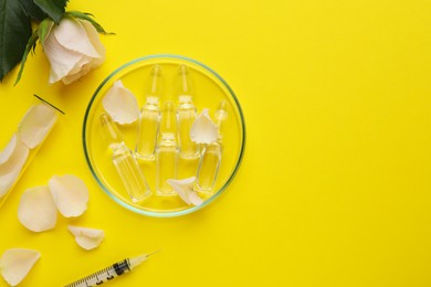 Photo of Pharmaceutical ampoules with medication, petals and syringe on yellow background, flat lay. Space for text