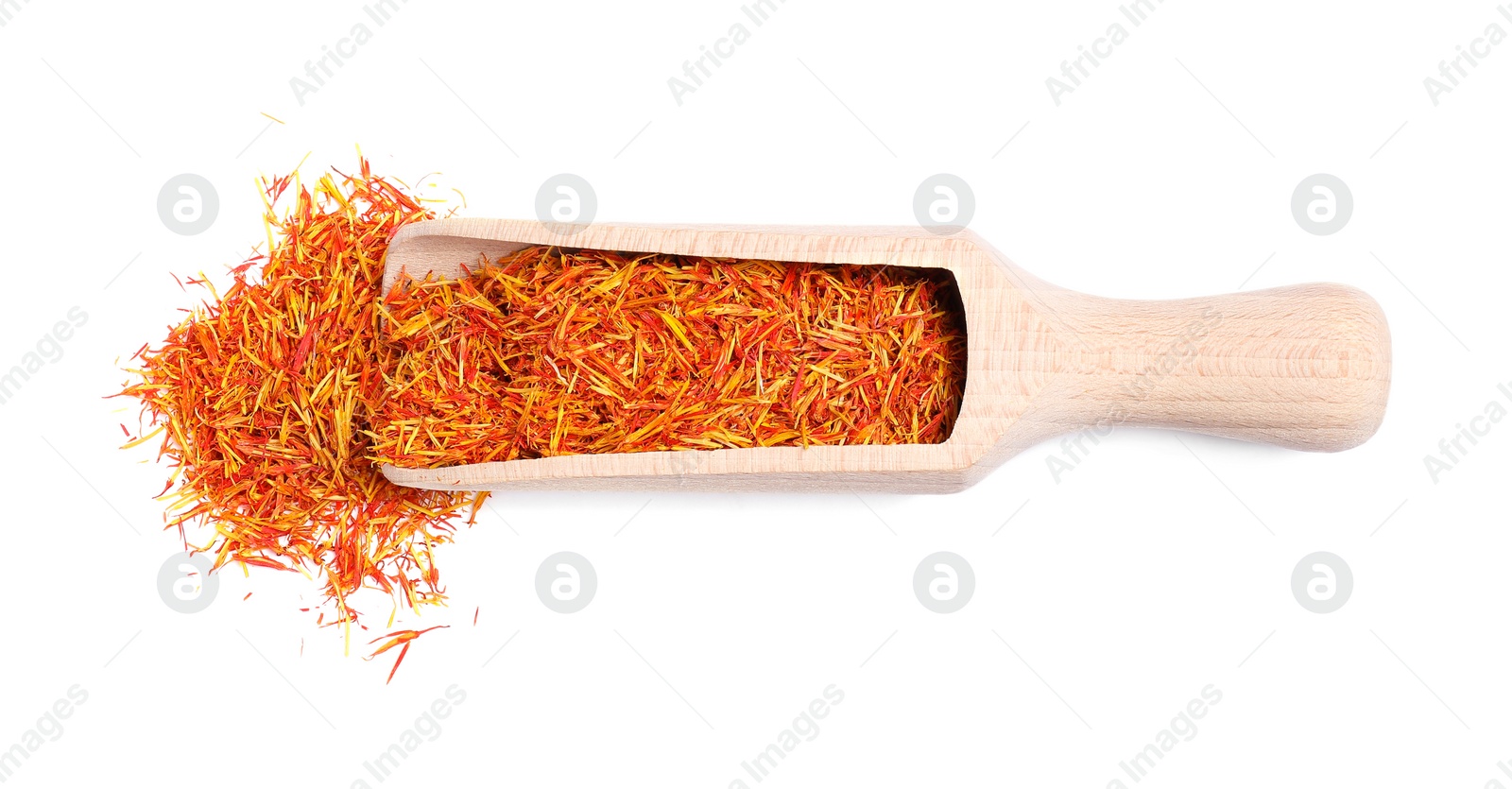 Photo of Aromatic saffron and scoop isolated on white, top view