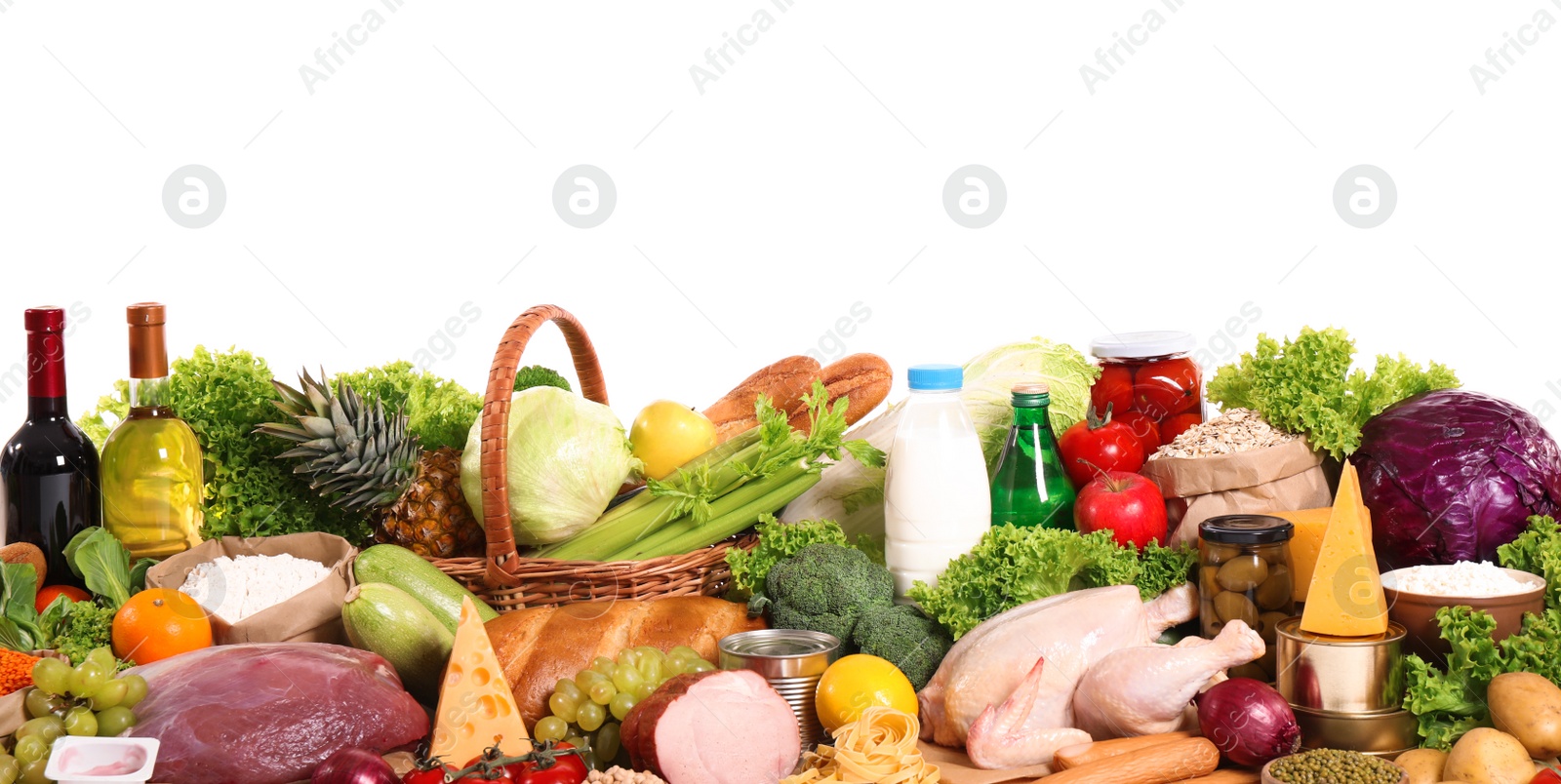 Photo of Different products on white background. Healthy food and balanced diet