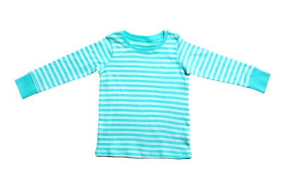 Photo of Cute striped child long sleeve shirt isolated on white, top view