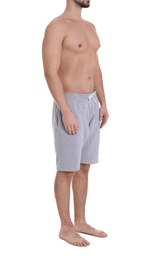 Photo of Young man on white background, closeup. Weight loss