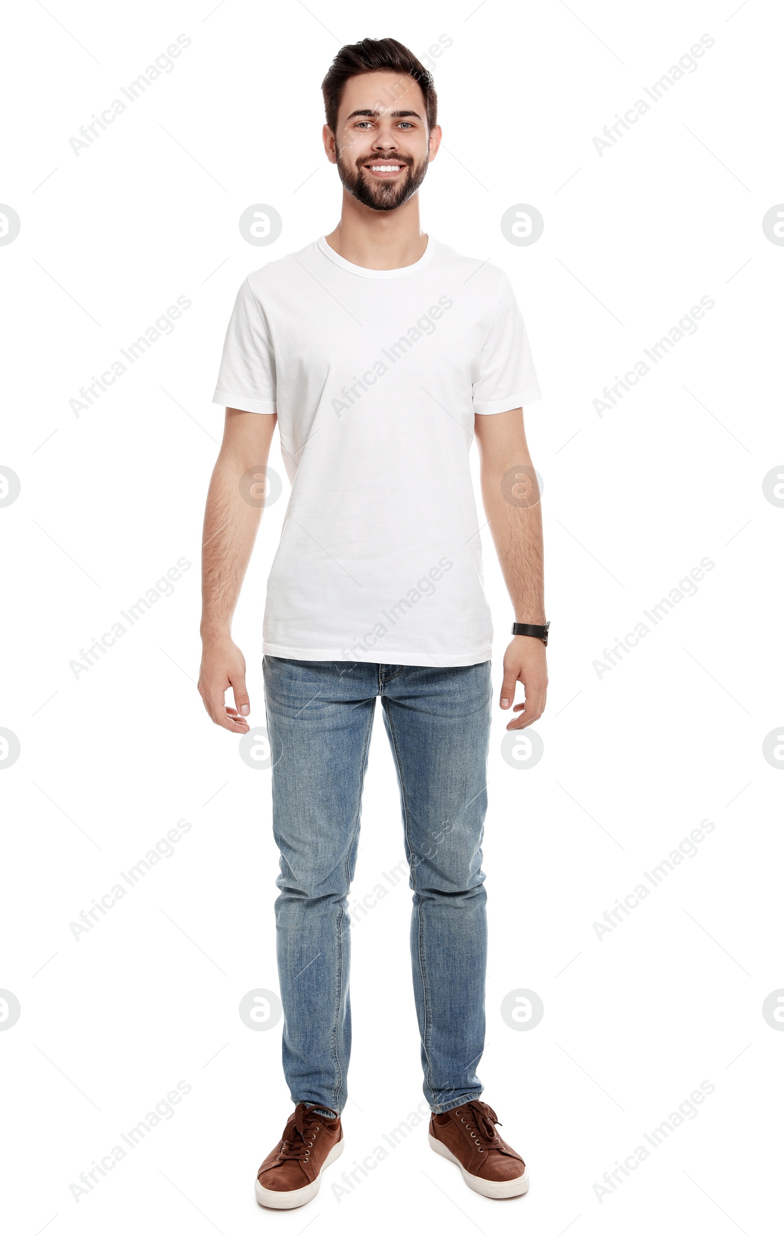 Photo of Young man in t-shirt on white background. Mock up for design