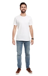 Young man in t-shirt on white background. Mock up for design