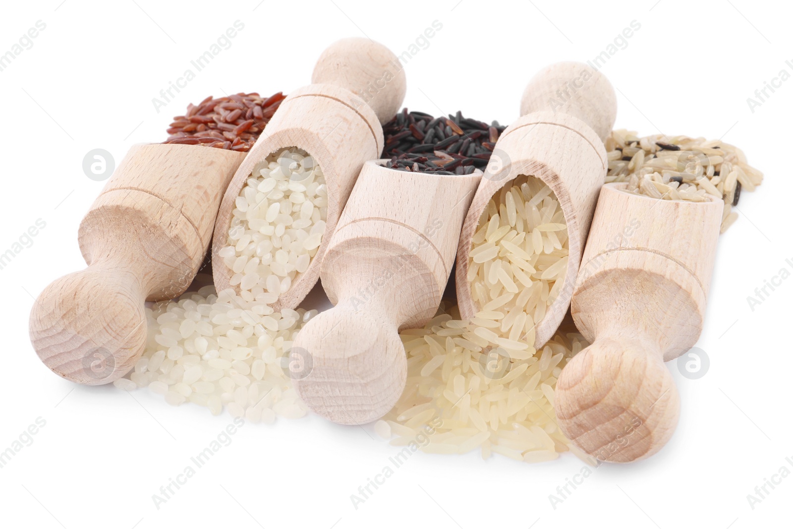 Photo of Scoops with different sorts of rice isolated on white