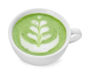 Delicious matcha latte in cup on white background
