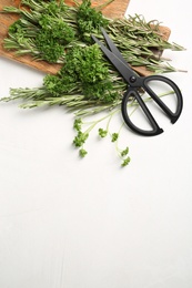 Flat lay composition with rosemary and space for text on light background. Aromatic herbs