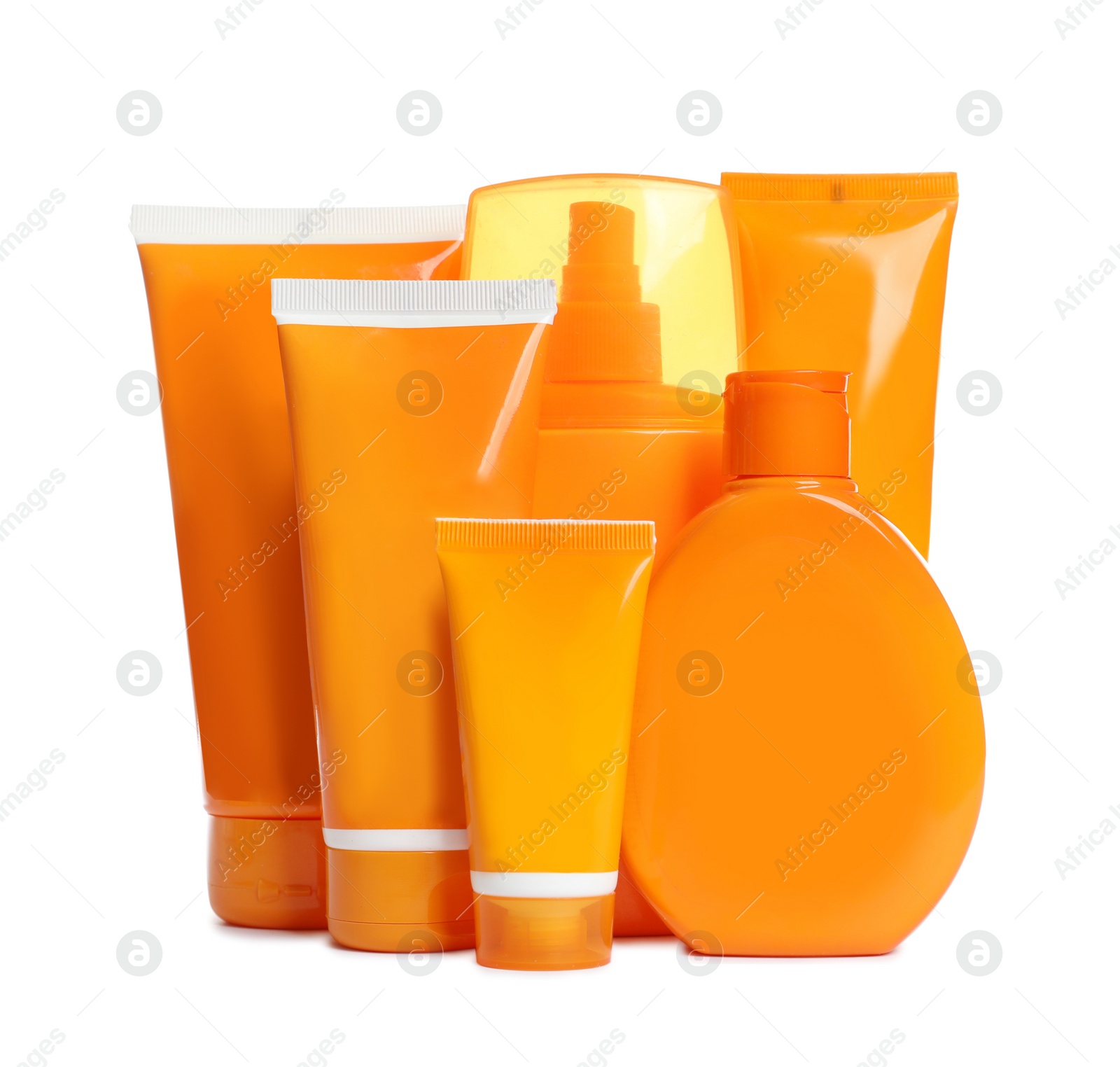 Photo of Composition with sun protection cosmetic products on white background