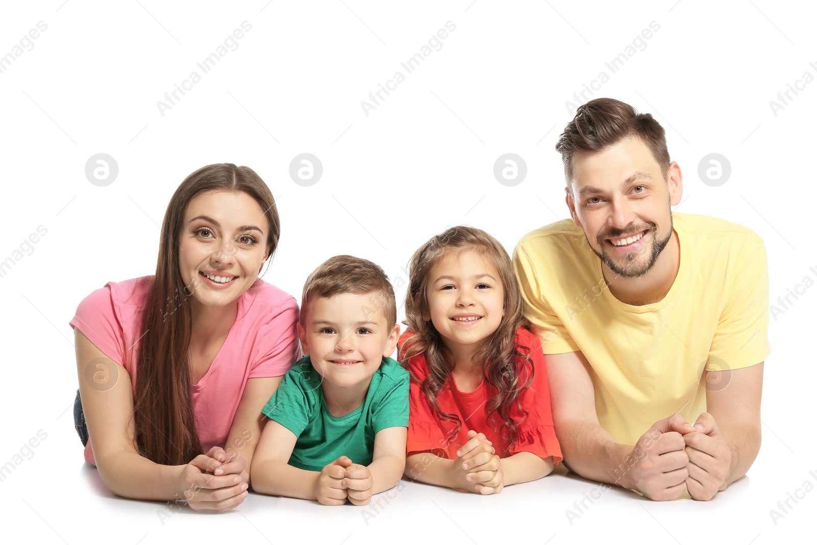 Photo of Happy family with cute children on white background