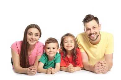 Happy family with cute children on white background