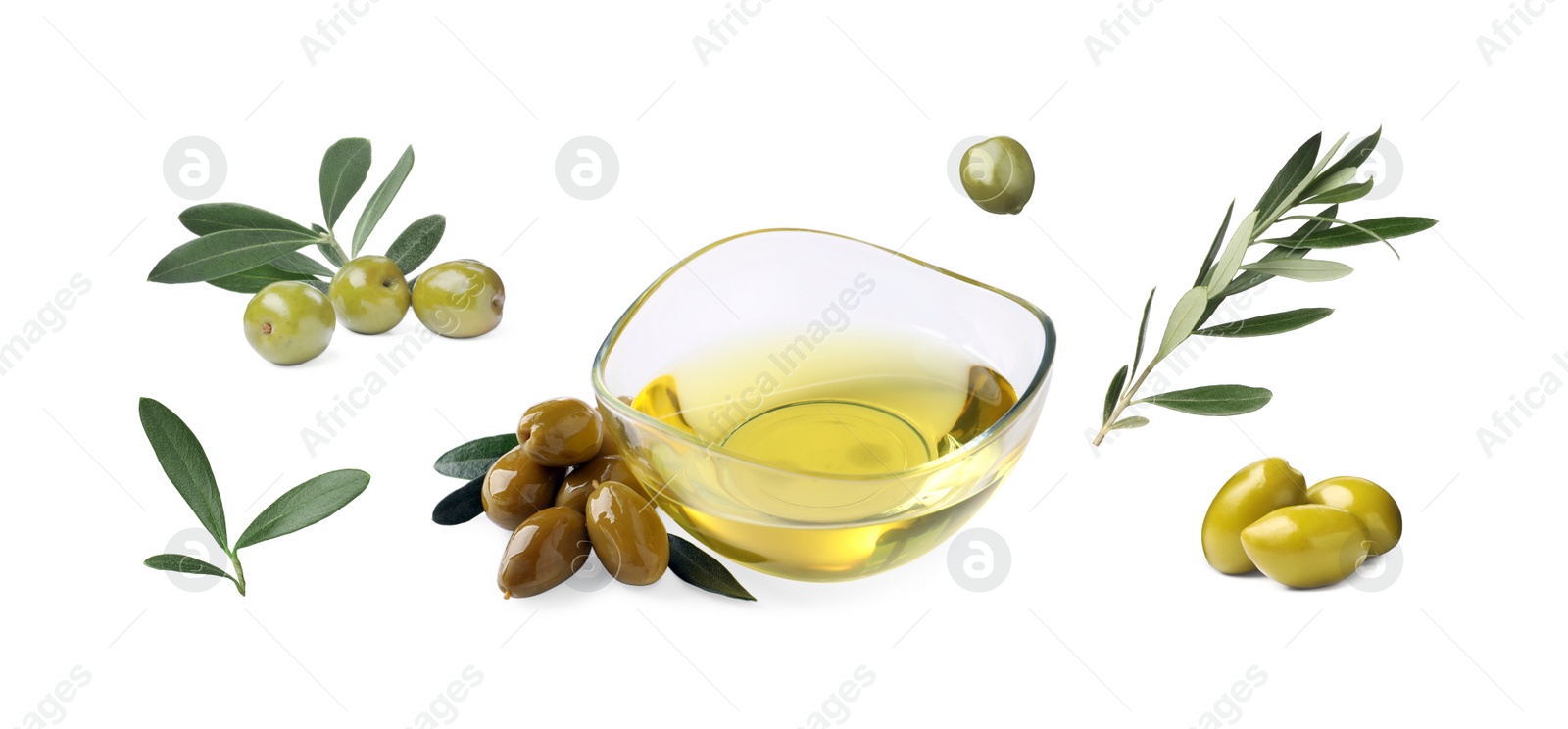 Image of Bowl of oil, ripe olives and leaves on white background, collage. Banner design