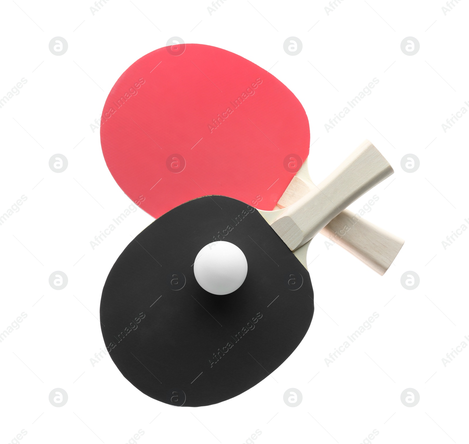 Photo of Ping pong rackets and ball isolated on white, top view