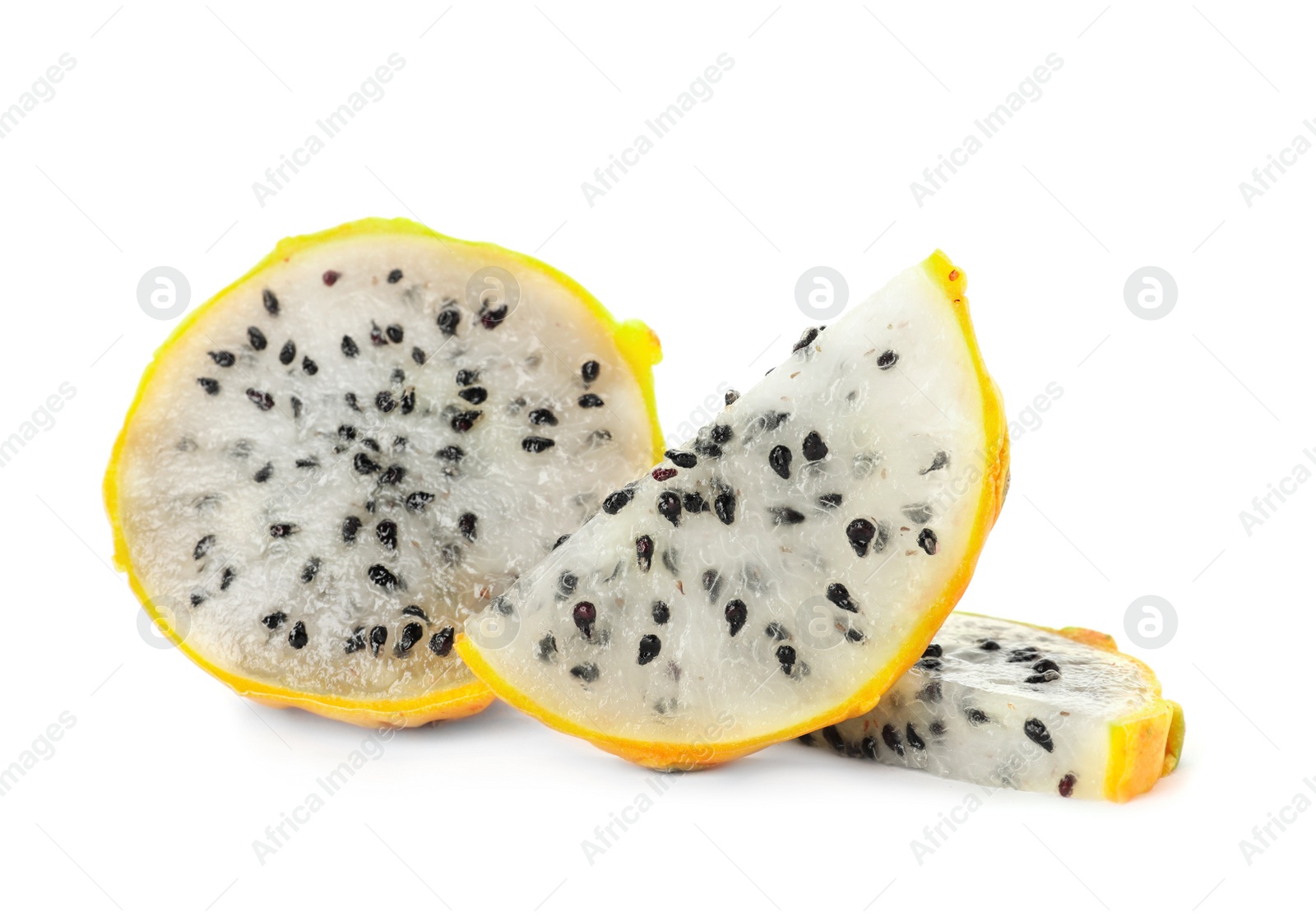 Photo of Delicious cut yellow pitahaya fruit on white background