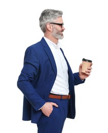 Photo of Mature businessman in stylish clothes with cup of drink on white background