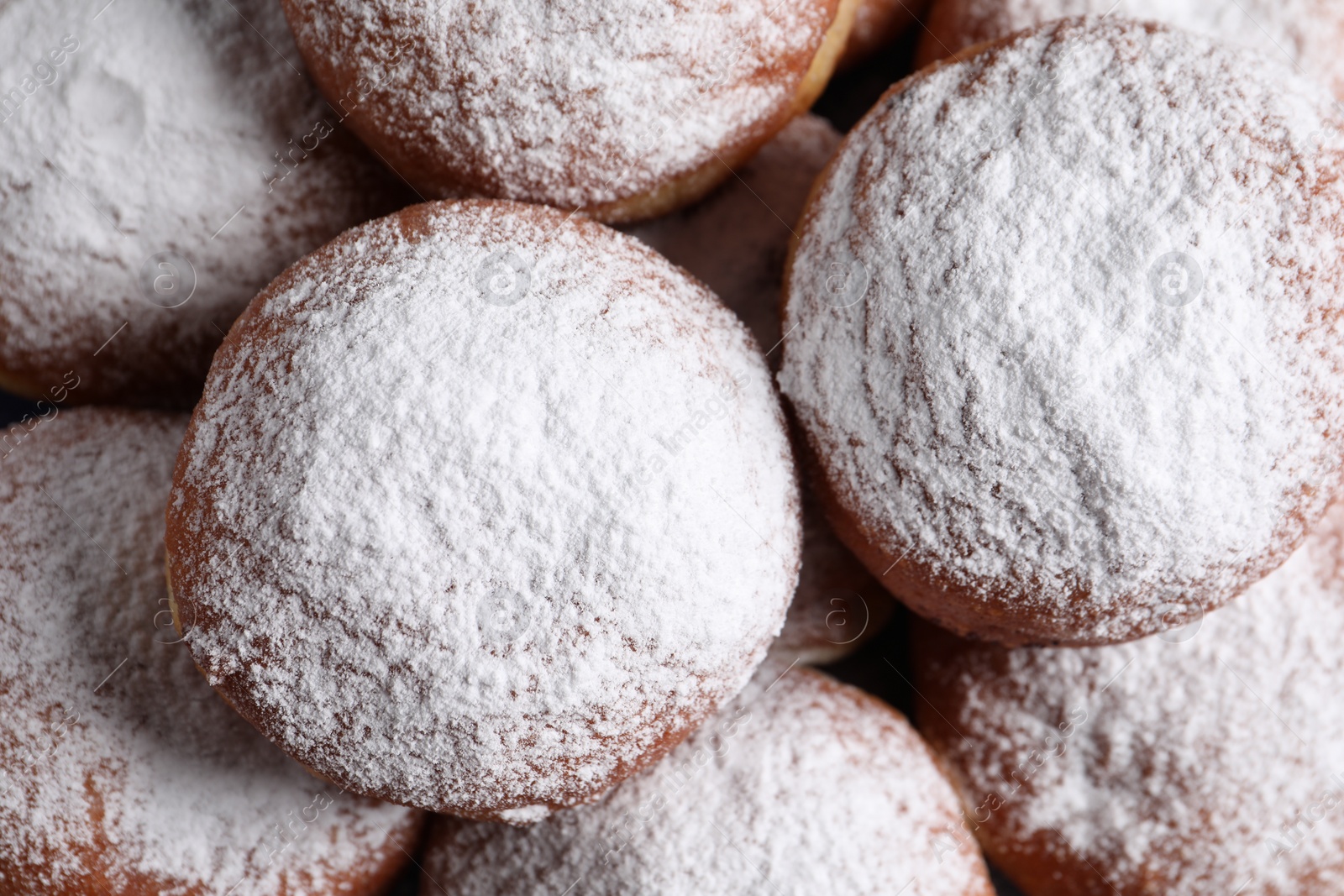 Photo of Delicious sweet buns as background, top view