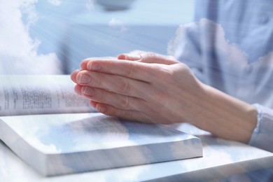 Religion. Double exposure of sky and Christian woman praying over Bible at table, closeup