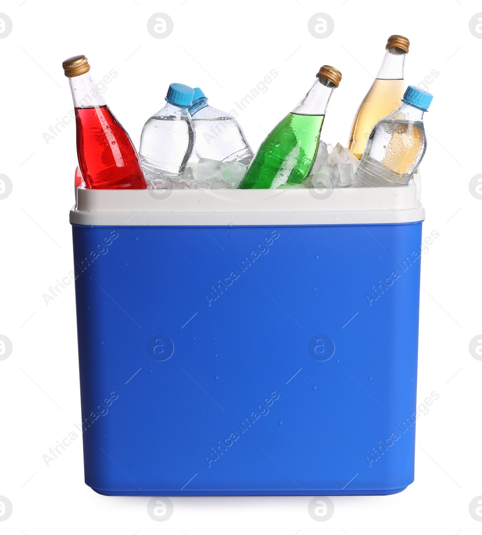 Photo of Blue plastic cool box with ice cubes and refreshing drinks on white background