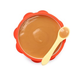 Photo of Tasty baby food in bowl and spoon isolated on white, top view