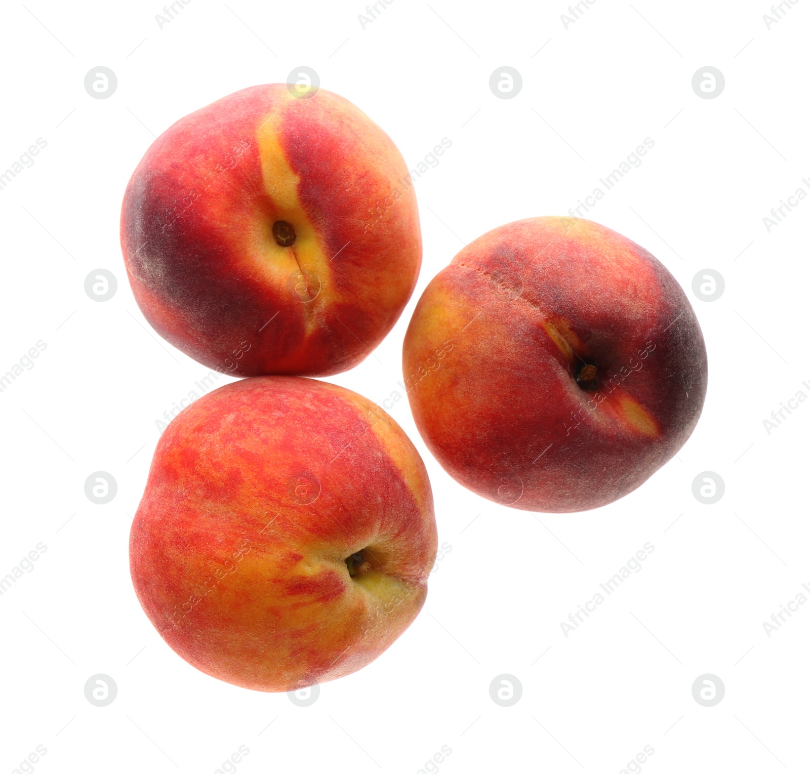 Photo of Delicious ripe juicy peaches isolated on white, top view