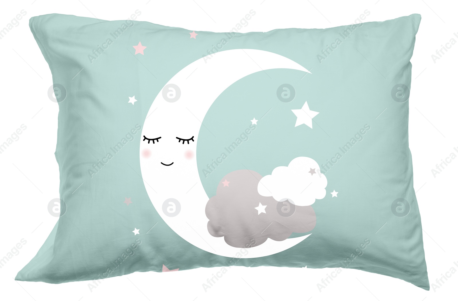 Image of Soft pillow with printed cute crescent moon and clouds isolated on white