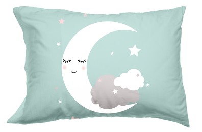 Image of Soft pillow with printed cute crescent moon and clouds isolated on white
