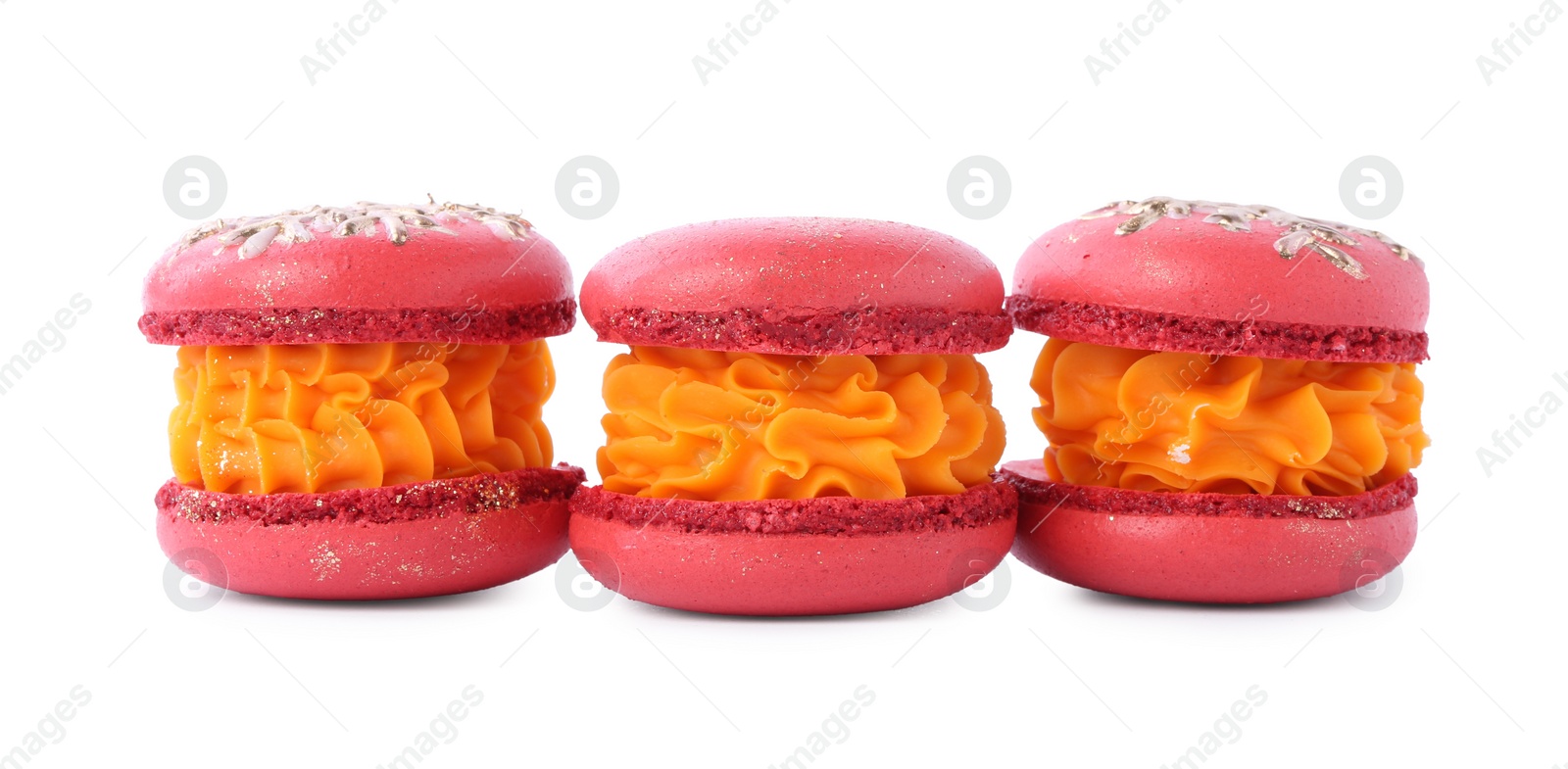 Photo of Beautifully decorated Christmas macarons isolated on white