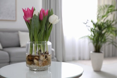 Photo of Bouquet of beautiful tulips with bulbs on table indoors. Space for text