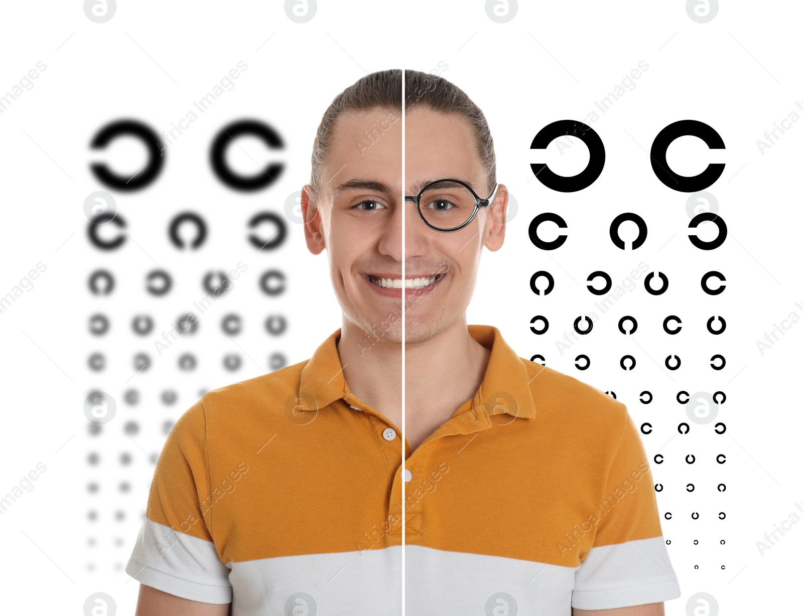 Image of Collage with photos of man with and without glasses and eye charts on white background. Visual acuity testing