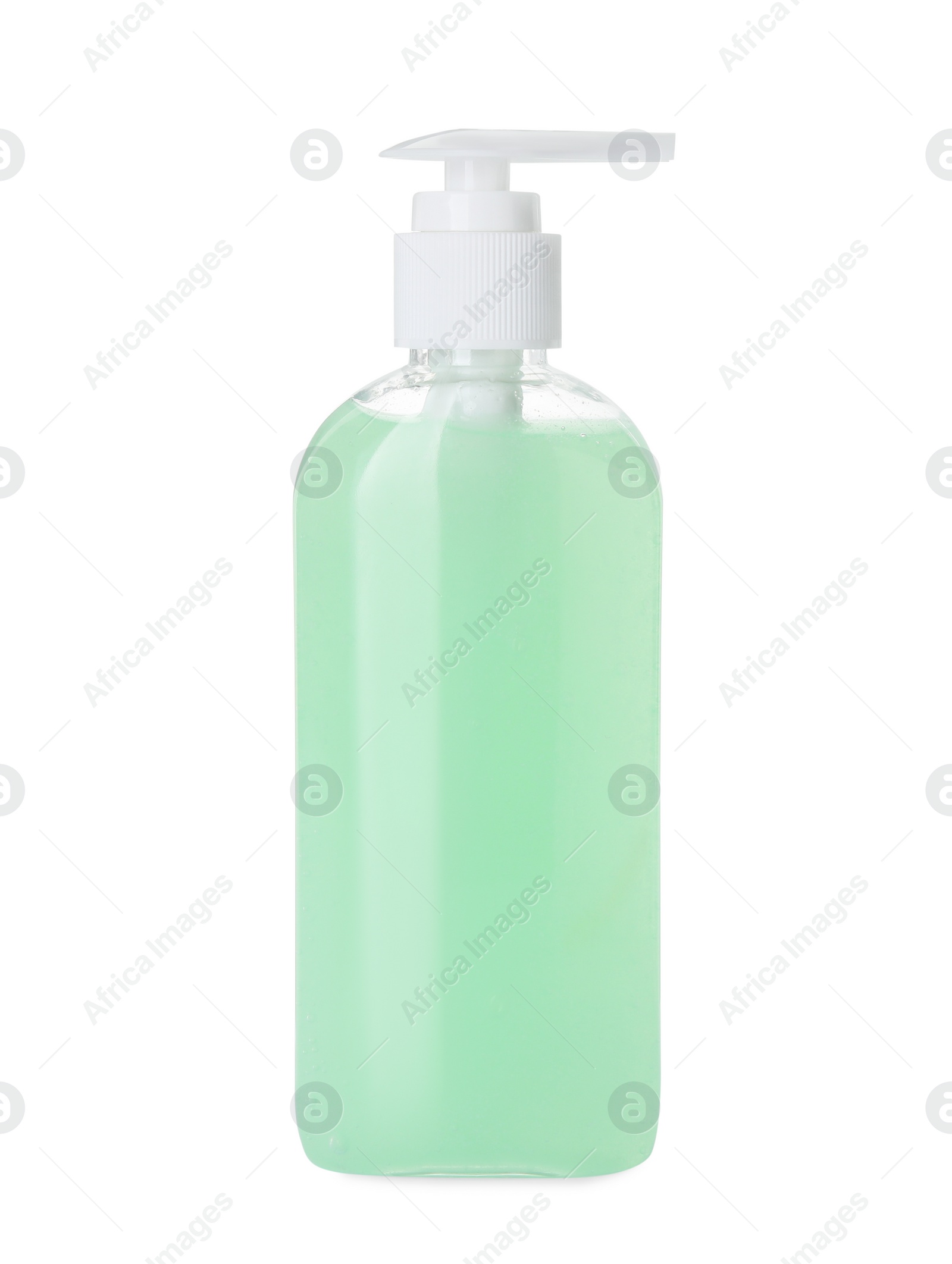 Photo of Bottle of face cleansing product isolated on white