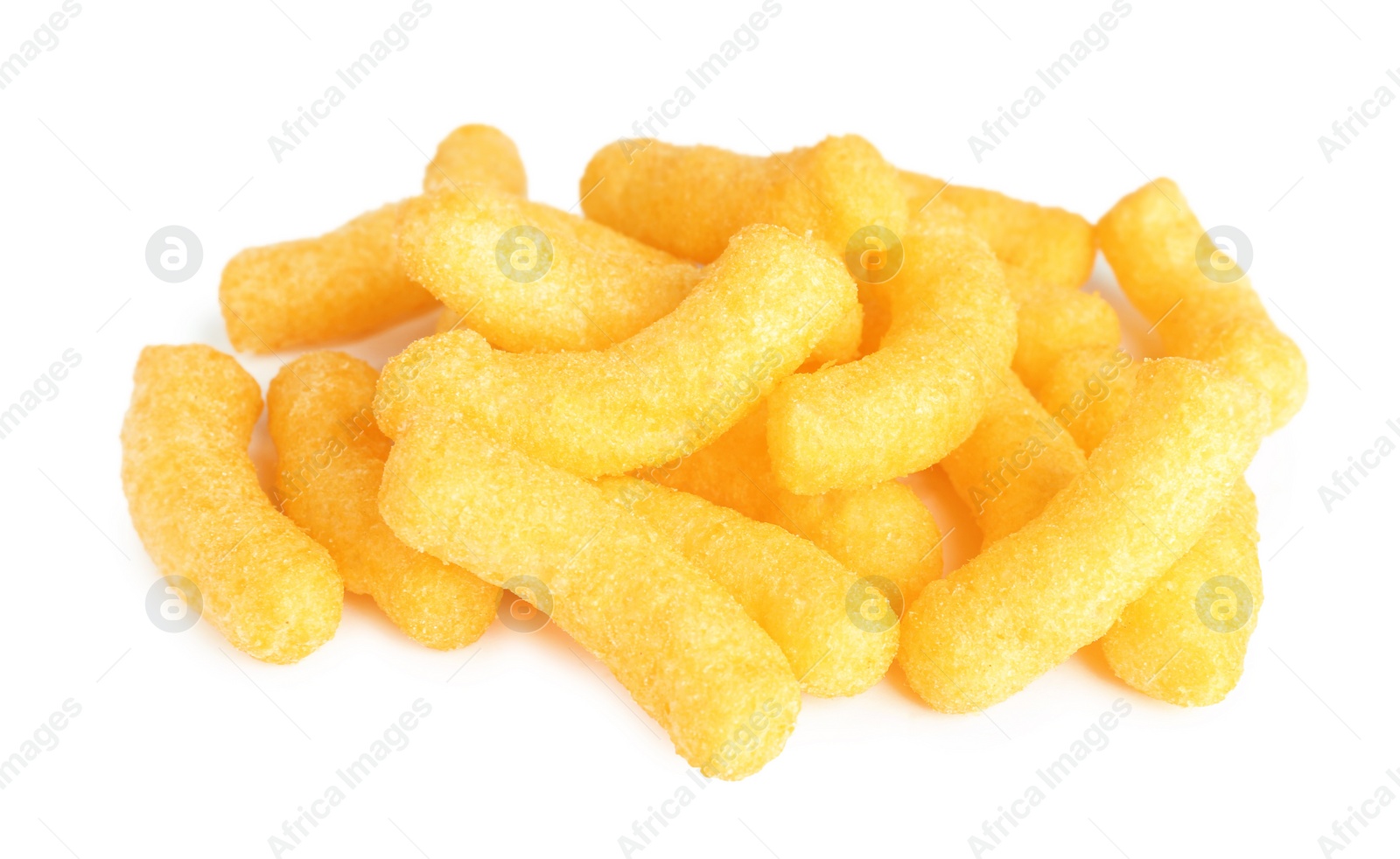 Photo of Many tasty cheesy corn puffs isolated on white