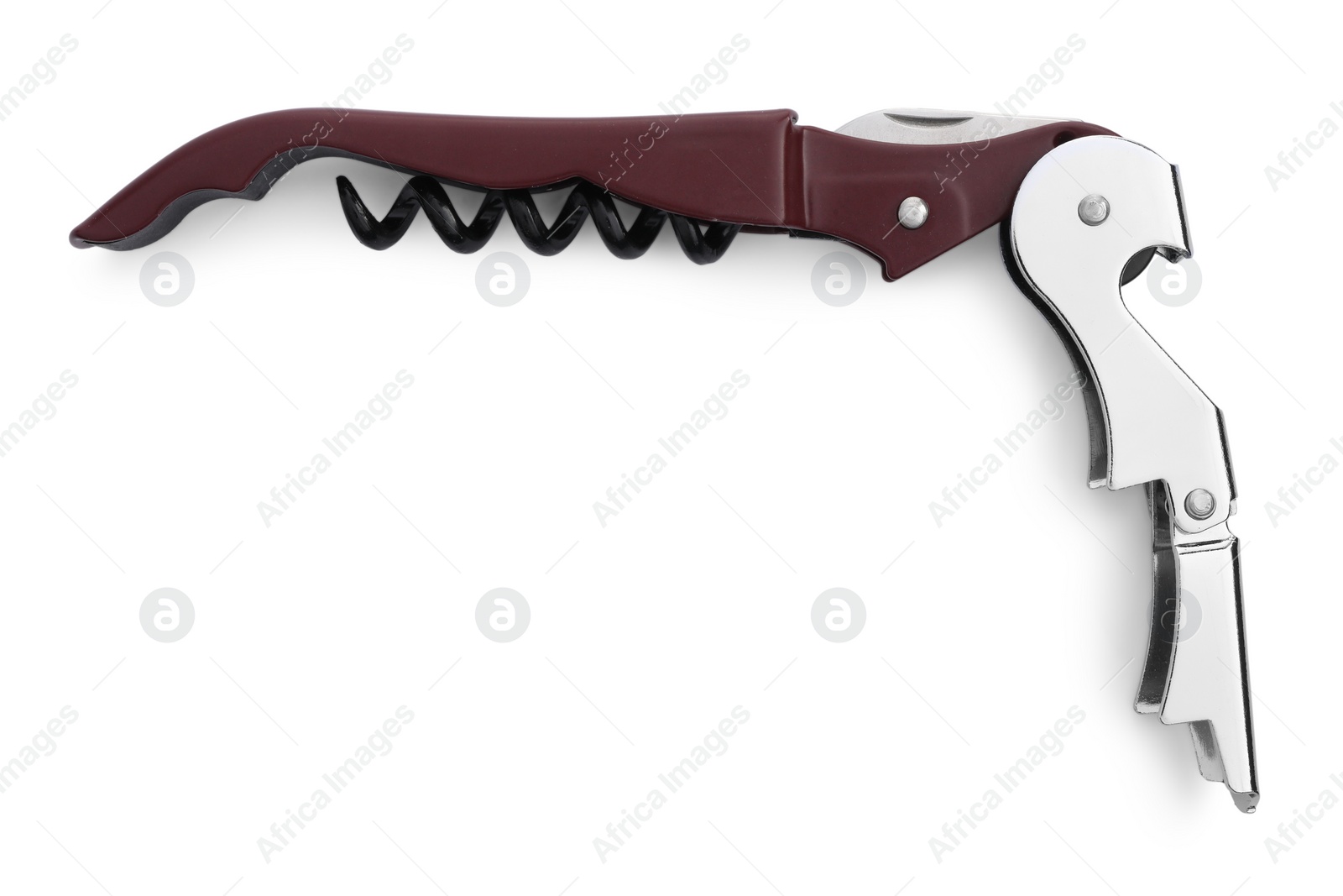 Photo of One corkscrew (sommelier knife) isolated on white, top view