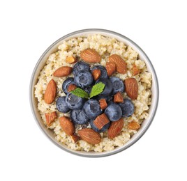 Photo of Bowl of delicious cooked quinoa with almonds and blueberries isolated on white, top view