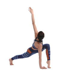 Photo of Professional young acrobat exercising on white background