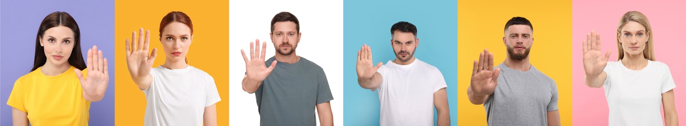 Image of People showing stop gesture on different color backgrounds. Collage with photos