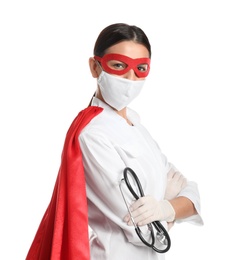 Photo of Doctor dressed as superhero posing on white background. Concept of medical workers fighting with COVID-19