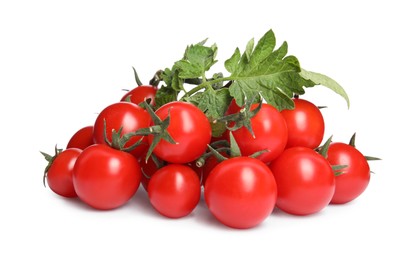 Photo of Fresh ripe cherry tomatoes with leaves on white background