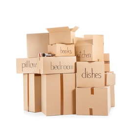 Moving boxes and adhesive tape dispenser on white background