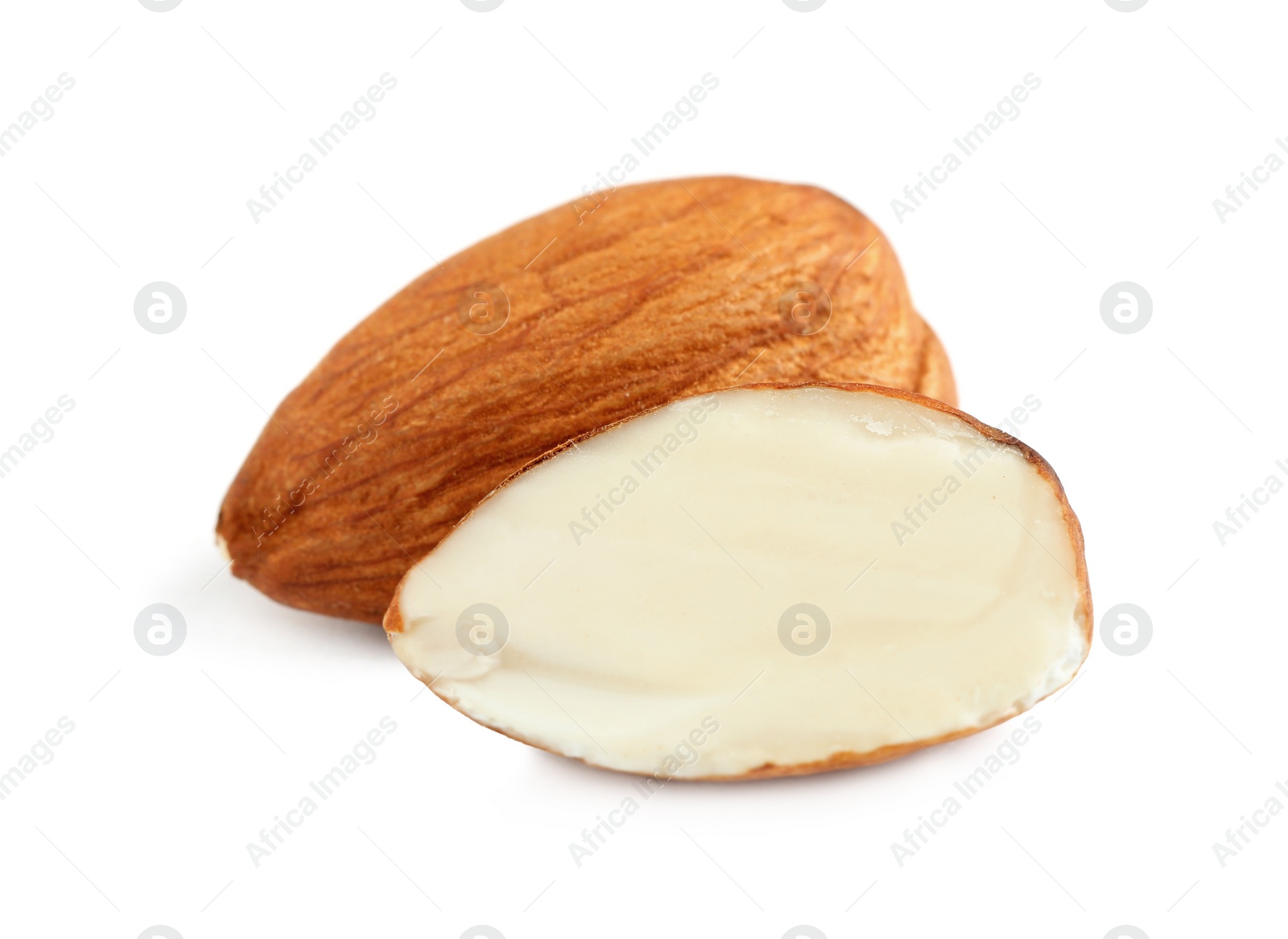 Photo of Organic almond nuts on white background, closeup. Healthy snack