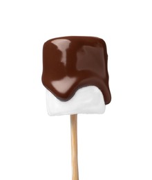 Photo of Tasty marshmallow dipped into chocolate isolated on white