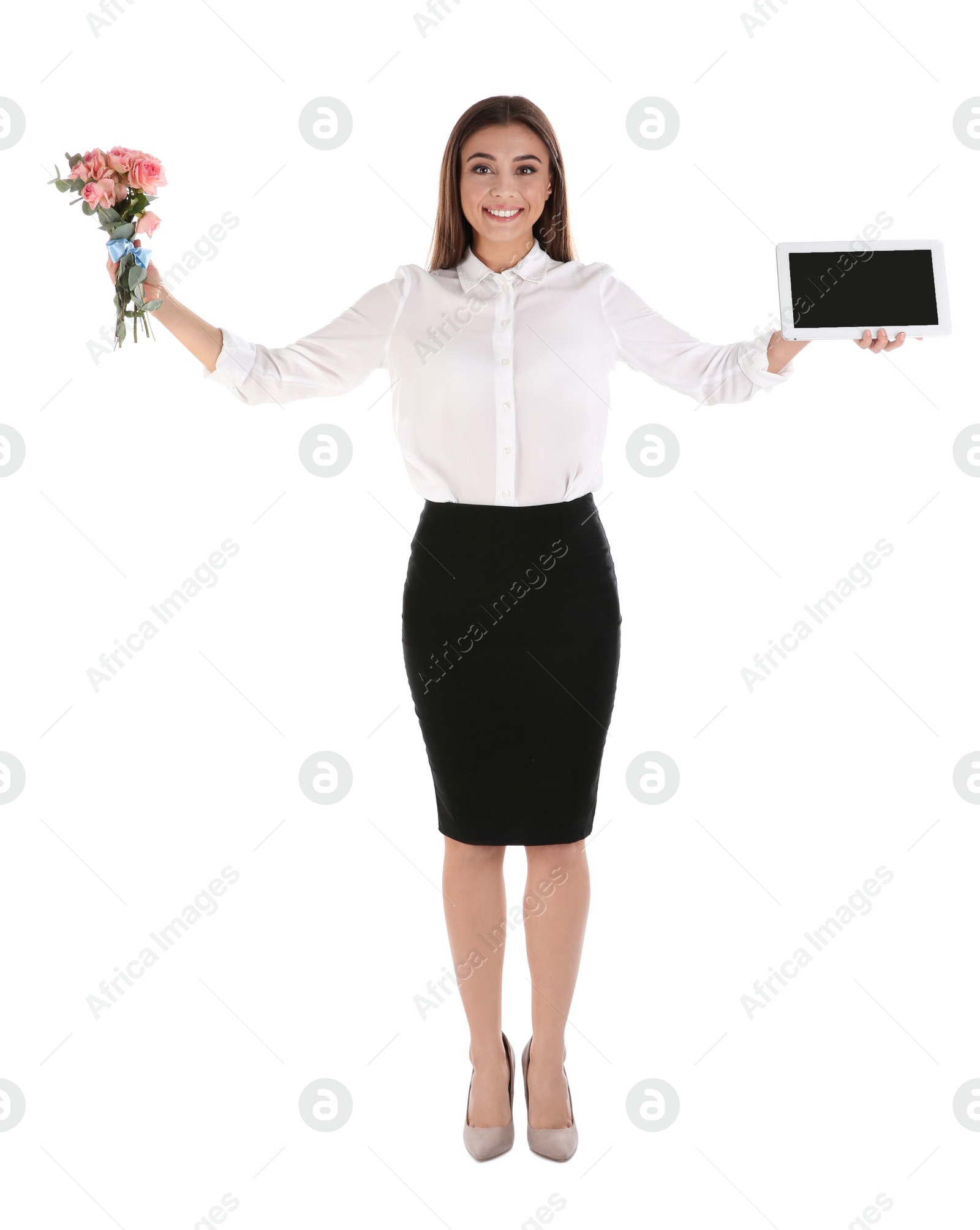 Photo of Portrait of businesswoman with tablet and flowers on white background. Combining life and work