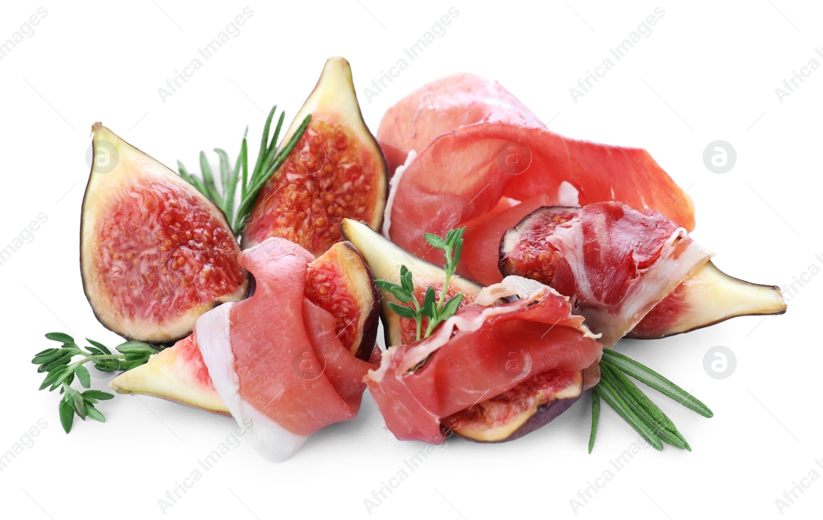 Photo of Delicious ripe figs, prosciutto and herbs on white background