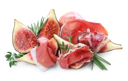 Delicious ripe figs, prosciutto and herbs on white background