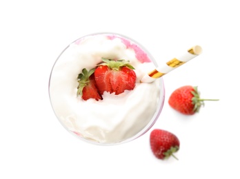 Photo of Tasty milk shake with whipped cream and strawberries isolated on white, top view