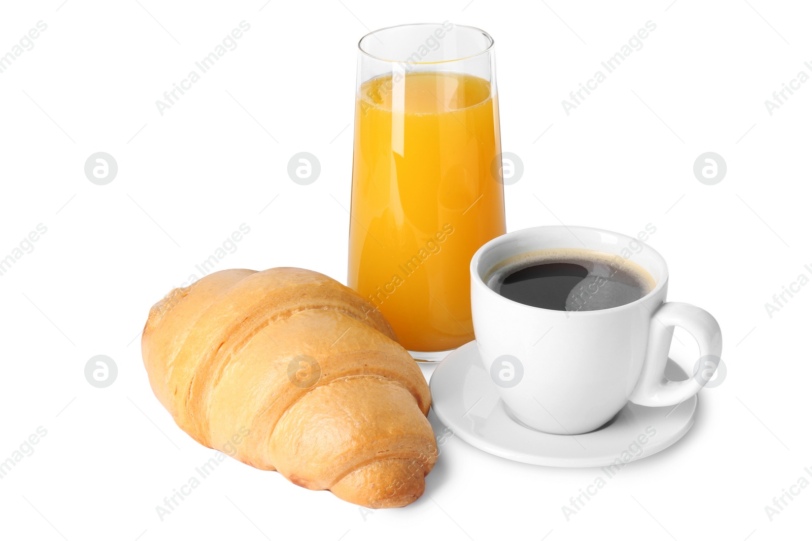 Photo of Delicious fresh croissant, cup with coffee and glass of orange juice isolated on white