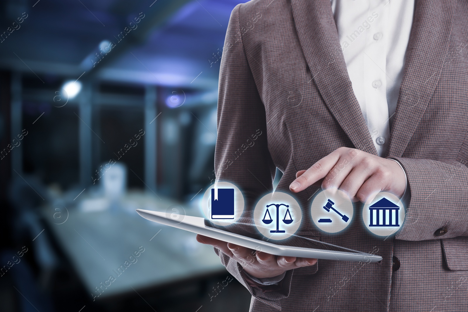 Image of Laws, legal information and online consultation. Woman using tablet, closeup. Icons over device