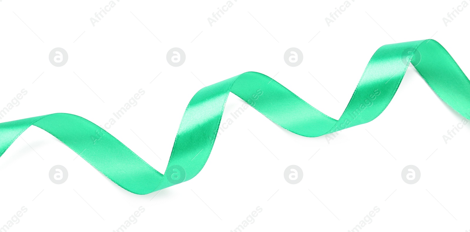 Photo of Beautiful light green ribbon isolated on white, top view