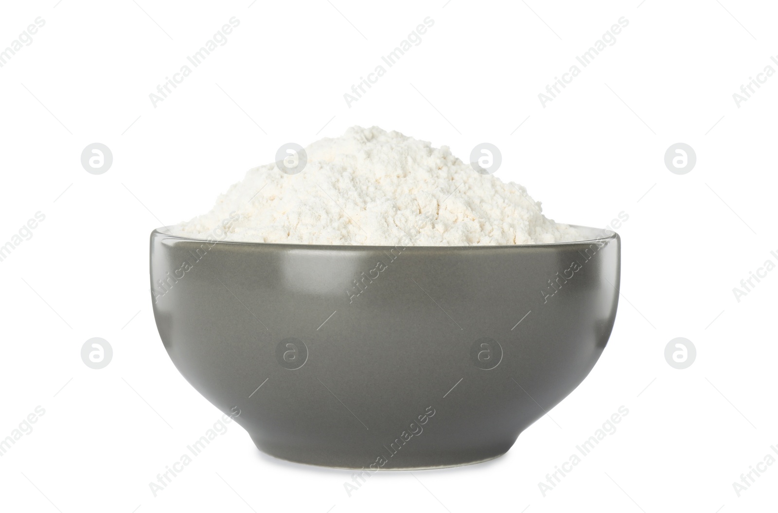 Photo of Fresh flour in grey bowl isolated on white