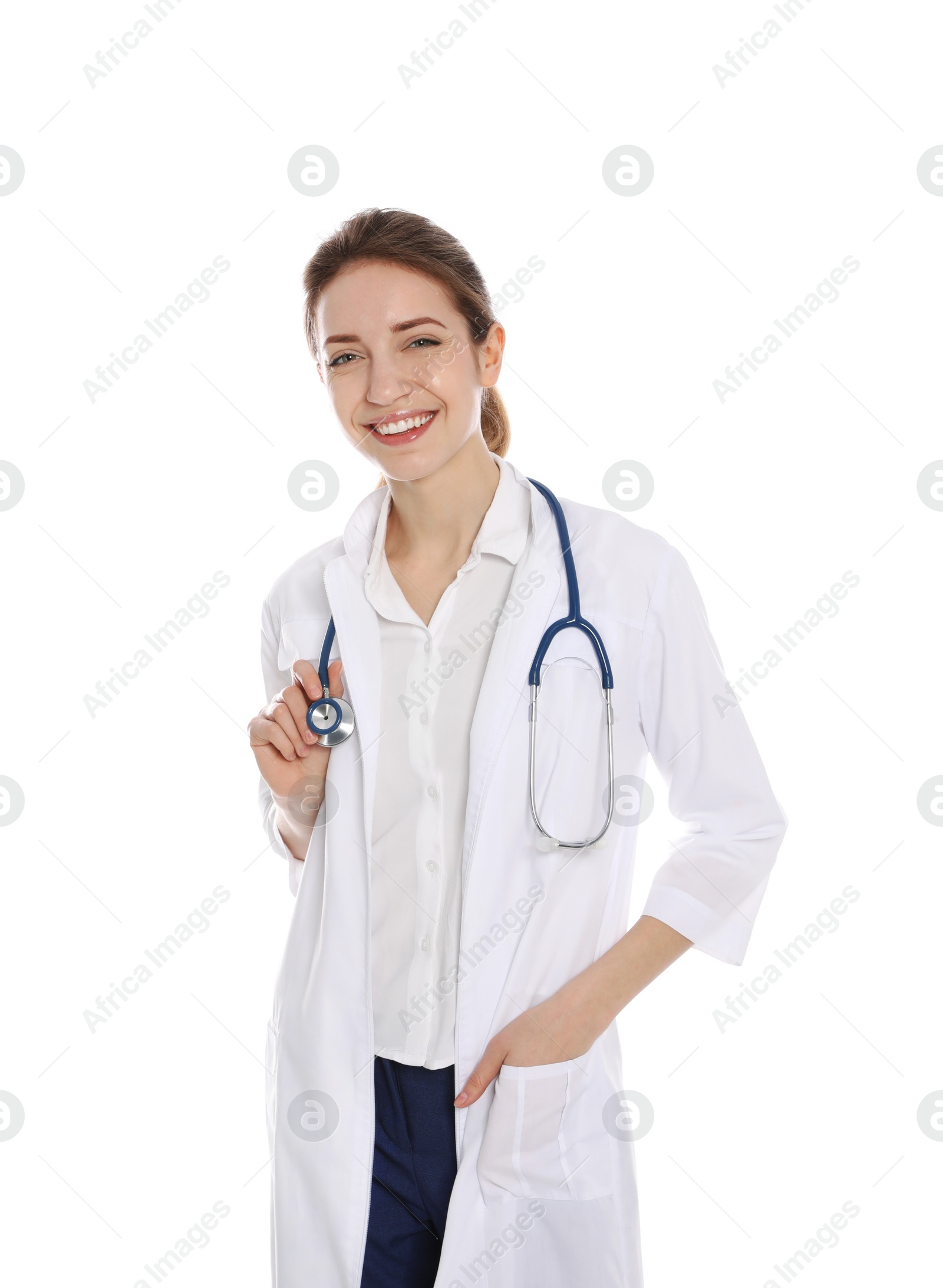 Photo of Portrait of medical doctor with stethoscope isolated on white