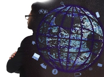 Image of Global internet connection. Young businessman, virtual model of globe and different icons, multiple exposure