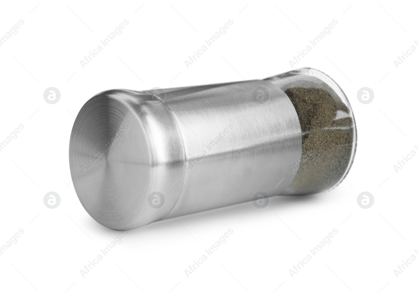 Photo of One pepper shaker isolated on white. Aromatic spice