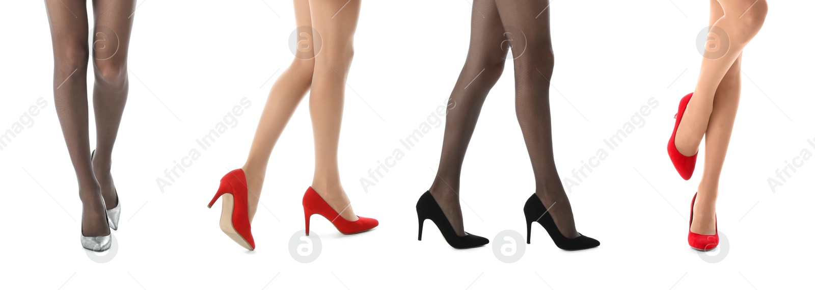 Image of Collage with photos of women wearing different stylish shoes on white background, closeup. Banner design